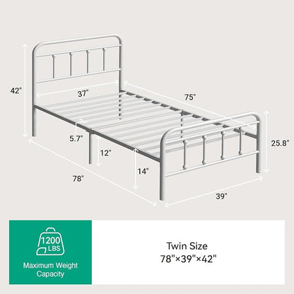 Novilla Metal Bed Frame Twin Size - Modern Minimalist Victorian Style with Headboard/Footboard, Heavy-Duty Steel Slats/Underbed Storage/No Box Spring Needed/Easy Assembly/Noise Free/White