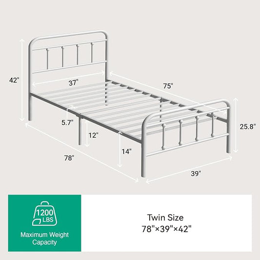 Novilla Metal Bed Frame Twin Size - Modern Minimalist Victorian Style with Headboard/Footboard, Heavy-Duty Steel Slats/Underbed Storage/No Box Spring Needed/Easy Assembly/Noise Free/White