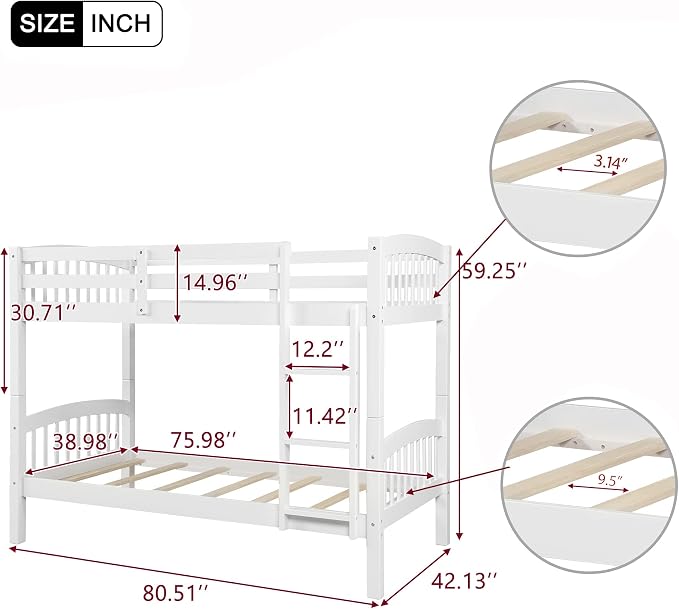 Merax Twin Over Twin Bunk Bed with Ladder and Guardrails,Convertible Bunk Bed can be Two Platform Beds(White)