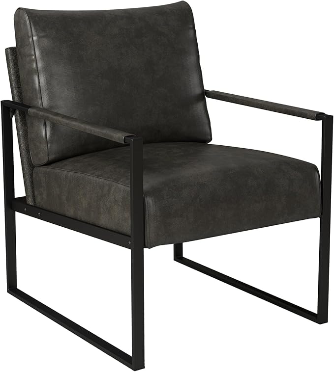 INZOY Leather Accent Chair with Metal Frame, Comfy Living Room Chair with Plump Cushion and Backrest, Mid Century Modern Chair with Sturdy Structure, Easy to Clean, Dark Grey