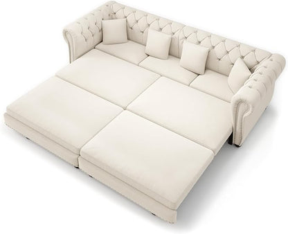 89'' Pull Out Sofa Bed King, Chesterfield Velvet Sleeper Sofa, Convertible L-Shaped Futon Couch, Tufted Back, 4 Pillows, Ottoman, Deep Seat Loveseat Couches for Living Room, Apartment, Beige