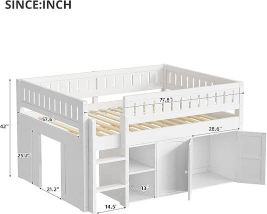 Full Size Loft Bed with Storage Cabinet & Chalkboard Panel, Wood Loft Bed Frame, Space-Saving Design, White