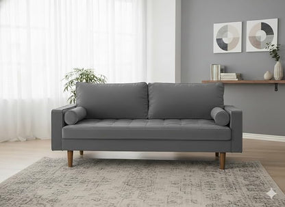 Container Furniture Direct Womble 58 Inch Velvet Loveseat Sofa with Elegant Button Tufted Upholstery, Square Arms, Splayed Wood Legs, Includes Matching Bolster Pillows, Grey