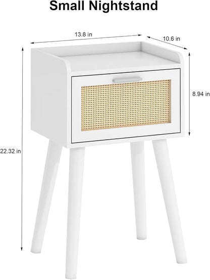 LAATOOREE Nightstand Set of 2, Small White Bedside Table, End Table with Rattan Door, Boho Side Table with Solid Wood Legs for Bedroom Living Room Small Space