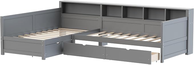 Bellemave L Shaped Corner Bed for 2 Kids, Double Twin Platform BedFrame with Storage Drawers and Shelves, Gray