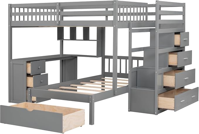 MERITLINE Full Over Twin L Shaped Bunk Bed with Stairs and Desk,Solid Wood L-Shaped Bunk Bed with Storage Drawers,Shelves,Ladder,Headboard and Guardrail,No Box Spring Needed (Grey)