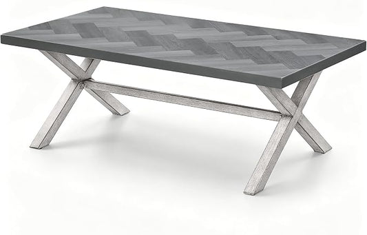 Aluminum Outdoor Coffee Table, Never Rusts Rectangle Patio Coffee Table with Resin Tabletop, Aluminum Outdoor Furniture Coffee Table for Patio, Poolside, Garden, Balcony, White Oak