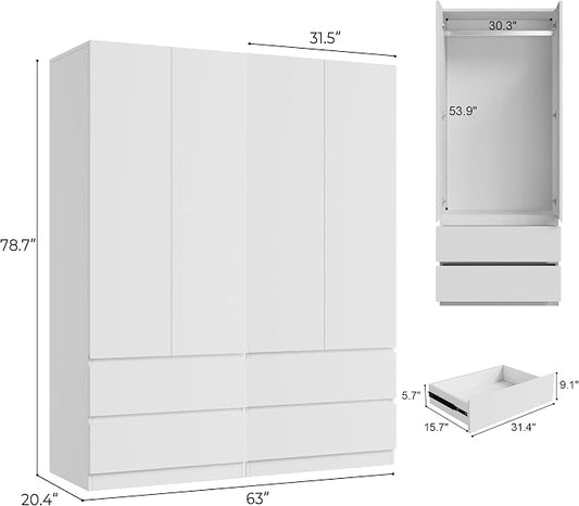 Armoire Wardrobe Closet with 4 Doors, Wooden Wardrobe Cabinet with 4 Drawers, Hanging Rod & Shelves, Freestanding Closets for Bedroom (White, 2)