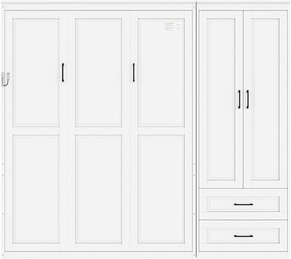 Merax Farmhouse Multi-Functional Murphy Bed with Wardrobe & Drawers,White | Queen Size Foldable Wall Platform Bed Upholstered Headboard for Guest-Room, Bedroom/ Space Saving