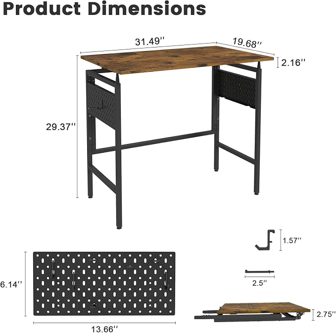 Hadulcet 31'' Foldable Computer Desk, Small Desk with Movable Pegboard Panels, Folding Desk with Storage, Portable Computer Desk for Study Room & Office & RV, for Small Spaces, Rustic Brown
