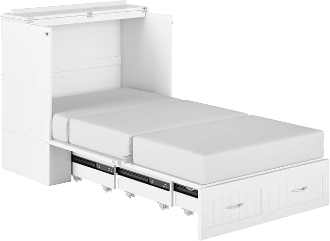 AFI, Southampton Murphy Bed Chest Twin XL with 6" Mattress, Storage Drawer & Built-in USB Charger, White