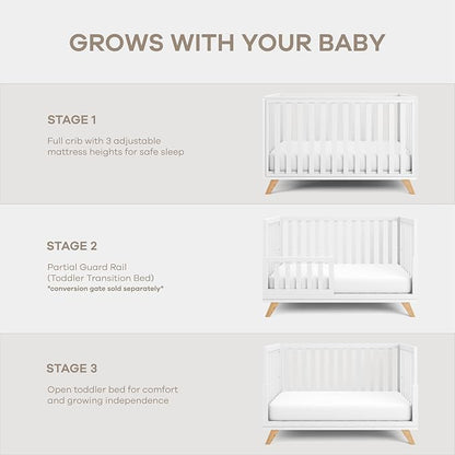 Comfy Cubs Baby Crib for 0 to 3 Years - Adjustable Mattress Height, Natural Wooden Crib for Baby, Elegant Nursery Furniture - 80 lbs Capacity Nursery Bed - White Bars and Frame with Natural Wood Leg
