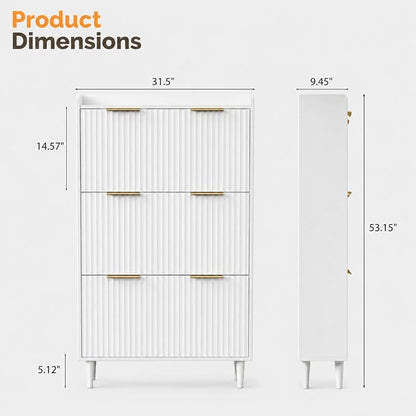 VINGLI White Fluted Shoe Storage Cabinet for Entryway with 3 Flip Drawers, Narrow Shoe Organizer with Fluted Panel, Modern Freestanding Wood Shoe Cabinet for Foyer, Hallway (White, 3 Flip Drawers)
