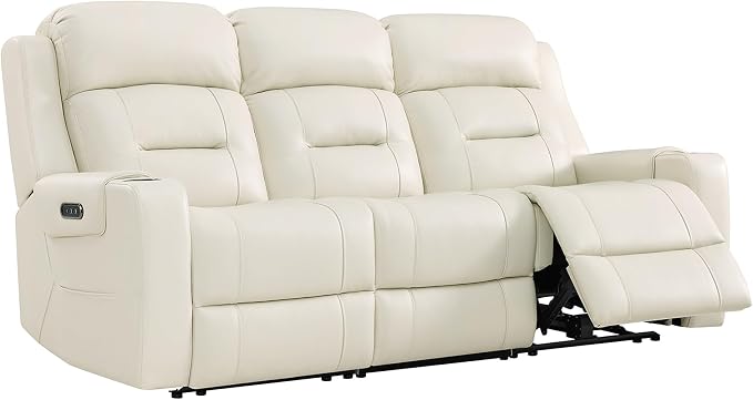 Watson & Whitely Genuine Leather Power Reclining Sofa, 3-Seater Lay Flat Recliner Sofa with Power Headrest, Cup Holders, USB & Type-C Ports, Electric Reclining Couch for Living Room, Cream