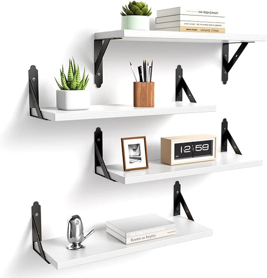 ROMGUAR CRAFT Wood Floating Shelves Set of 4, Rustic Storage Decor Wall Shelves, Wall Mounted Shelf for Living Room, Bedroom 17" x 6", White