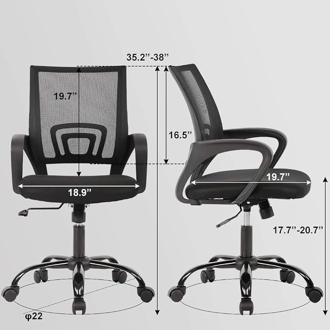 BestOffice | Ergonomic Office Chair | Mid-Back Swivel Desk Chair | Breathable Backrest & Lumbar Support | Adjustable Height | Sponge Seat | Rolling Wheels | Black | for Adults & Women | Pack of 2