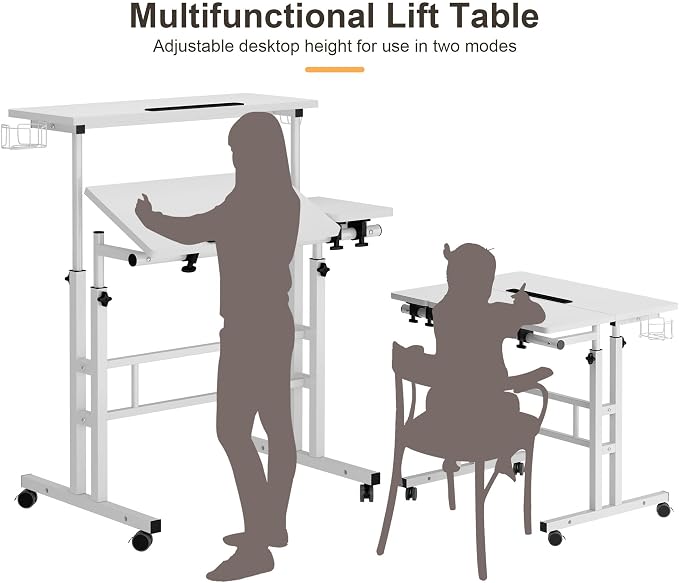 SogesHome 31.5 inch Mobile Standing Desk Adjustable Computer Desk Rolling Laptop Cart Portable Laptop Stand on Wheels Home Office Workstation with Cup Holder,Headphone Holder, Upgrade White