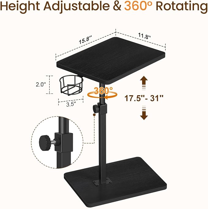 Giikin Side Table, 360 Swivel & Height Adjustable TV Trays for Eating on Couch, Sofa Armrest TV Tray Table with Cup Holder for Small Spaces, C-Shaped, Black, 11.8" D x 15.8" W x 31" H