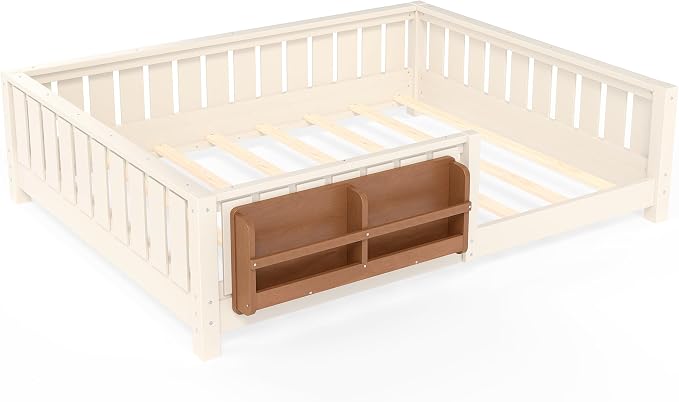 Bellemave Full Floor Bed with Slats and Rails, Full Size Montessori Floor Bed with Bookcase and Fence, Easy Assemble Montessori Beds for Girls, Boys, Beige Floor Beds