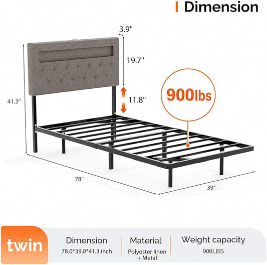 VINGLI Twin Floating Bed Frame with Headboard Heavy Duty Metal Frame, Storage Shelf, LED Lights Charging Station, Modern Platform Bed, Adjustable Headboard, No Box Spring Needed, Grey