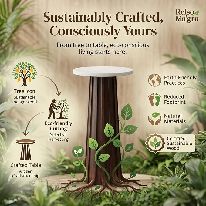 Relso Ma'gro Drink Table – Solid Mango Wood Fluted Base with Real White Marble Top | Farmhouse Accent Side Table for Boho Decor, Bedside, Entryway, Plant Stand, Night Stand & Small Living Spaces