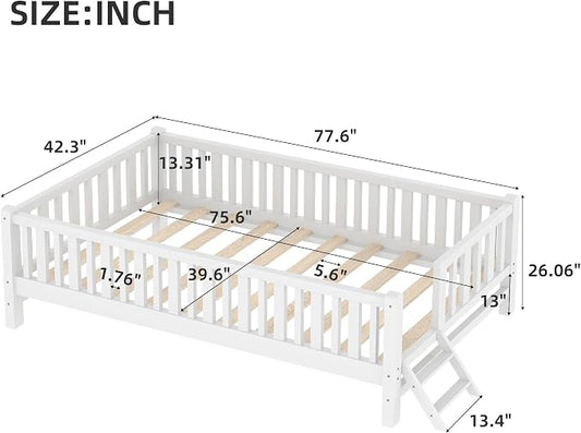 Merax Wood Twin Size Platform Bed with Guardrail, Kids Bed Frame with Stairs, White