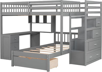Ball & Cast Full Over Twin Bunk Bed with Safty Guardrail & Storage Stair,Wood Loft Bedframe W/Drawers & Shelves,Desk,Space-Saving,Easy Assembly,Versatile Furniture for Boys Girls Teen Bedroom,Gray