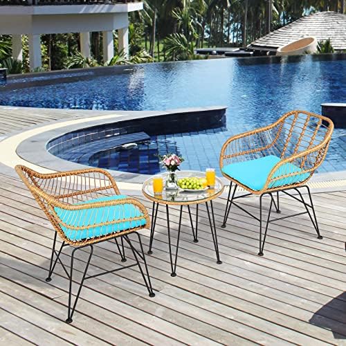 Tangkula 3 Pieces Patio Bistro Set, Rattan Conversation Set with 2 Cushioned Armchairs & Round Glass Coffee Table, Indoor Outdoor Wicker Furniture Set for Balcony, Backyard, Garden, Poolside