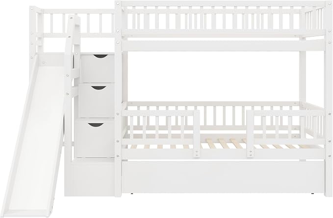 Twin Over Twin Bunk Bed with Storage Staircase, Slide and Trundle,for Kids Teens Adults Bedroom Use (White-ST, Twin Over Twin)