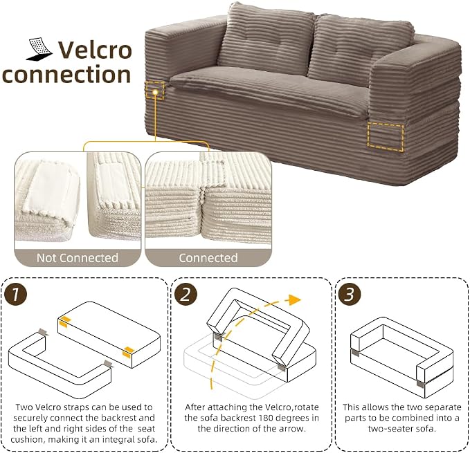 80'' Futon Sofa Bed, King Size Foldable Sleeper Sofa, Corduroy Boneless Loveseat Couch with Chaise Lounge, 3 Pillows, Blanket, Upholstered Sectional Couches for Living Room, Bedroom, Coffee