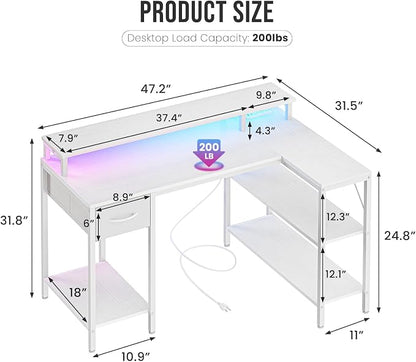 DUMOS 47" Gaming Desk with USB Charging Ports & LED Lights, Reversible L-Shaped Corner Computer Table for Small Spaces, Power Outlets, Monitor Stand & Storage Shelves Included, White