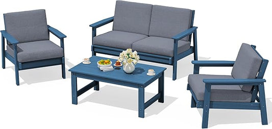 SERWALL 4 Piece HDPE Outdoor Furniture Set, All Weather Wood-Like Outdoor Sofa Sectional Couch, Blue Patio Furniture Set with Grey Cushions