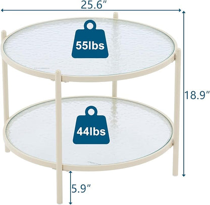 VINGLI 25.6" Small Cream White Round Coffee Table Water-Wave Glass Circle Clear Coffee Table, Center Table with 2-Tier Modern Storage Design for Living Room, Bedroom, Meeting Room, Balcony, Beige