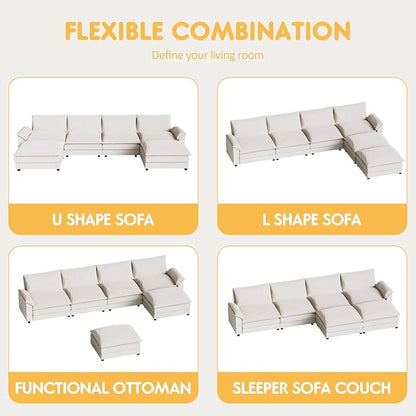 Homall 159" Modular Sectional Sofa, U Shaped Sofa Couch with Reversible Ottoman, DIY Combination Chenille Deep 4-Seat Cloud Couch for Living Room, Apartment (White, U Shaped Sofa)