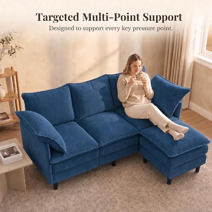 69 Inch Small Sofa Couch with Ottoman, L Shape Sectional Couch 3 Seats with Cloud 2 Layer Cushion, 22.8” Deep Seat, Washable Pillows for Small Spaces, Living Room, Apartment, Office, Chenille, Blue