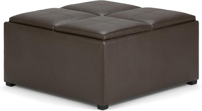 SIMPLIHOME Avalon 35 inch Wide Contemporary Square Coffee Table Storage Ottoman in Chocolate Brown Vegan Faux Leather, Assembled, For the Living Room and Bedroom