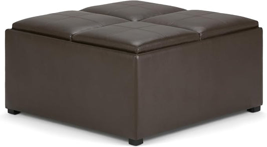 SIMPLIHOME Avalon 35 inch Wide Contemporary Square Coffee Table Storage Ottoman in Chocolate Brown Vegan Faux Leather, Assembled, For the Living Room and Bedroom