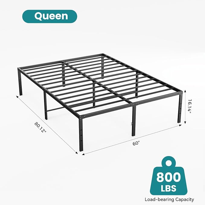 Sweetcrispy Queen Size 16 Inch Platform Bed Frame, Heavy Duty Metal Foundation Frame, Noise-Free Sturdy Steel Slats, Underbed Storage, No Box Spring Needed, Quick Setup