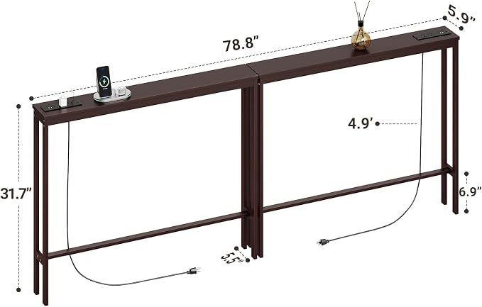 ELYKEN Bamboo Narrow Console Table with Charging Station, 2 Pack Slim Sofa Table Behind Couch, Entryway Table with Outlets for Living Room, Hallway, 5.9 x 39.4 x 31.1in, Brown