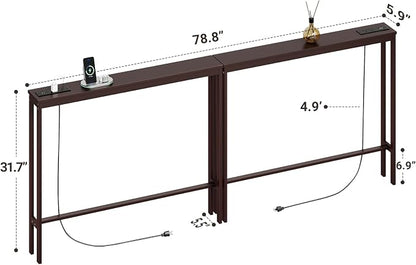ELYKEN Bamboo Narrow Console Table with Charging Station, 2 Pack Slim Sofa Table Behind Couch, Entryway Table with Outlets for Living Room, Hallway, 5.9 x 39.4 x 31.1in, Brown