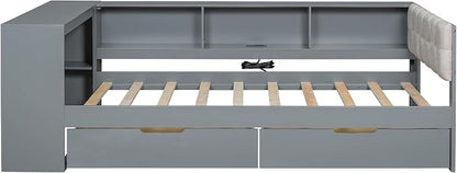 Bellemave Twin Corner Bed Frame with Storage Shelves and Desk, Wood Twin Size Daybed with Bookcase and Drawers and Upholstered Headboard, Gray
