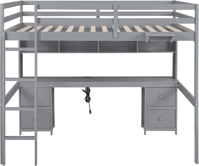 Full Size Loft Bed with Desk, Storage Cabinets, Drawers and Bedside Tray, Multifunctional Full Beds with Plug Outlets & 2 USB Port, Gray