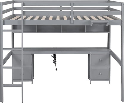 Full Size Loft Bed with Desk, Storage Cabinets, Drawers and Bedside Tray, Multifunctional Full Beds with Plug Outlets & 2 USB Port, Gray