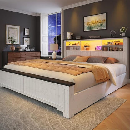 EnHomee King Bed Frame with Headboard and 4 Storage Drawers, LED Lights & Charging Ports,No Box Spring Needed for Big House,Noise-Free,Wooden, White