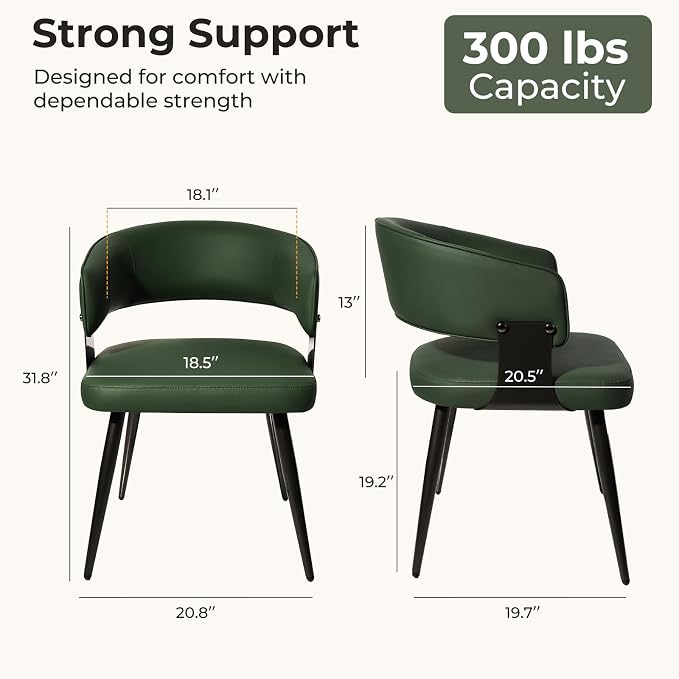 Dining Chairs Set of 2, Modern Upholstered Faux Leather Kitchen Chairs with Curved Back, Easy to Assemble & Clean for Dining Room, Restaurant, Cafe, Green