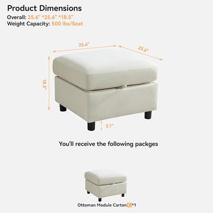 WUTUTUEE 25" Square Storage Ottoman for Modular Sectional Sofa, Convertible Couch Footrest with Hidden Compartment, Chenille Upholstered Coffee Table & Extra Living Room Seating, Beige