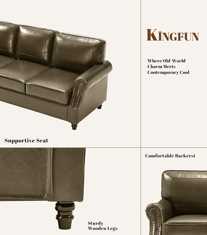 Kingfun Mid-Century Modern Couch, Faux Leather Sofa Set, 3 Seater Couch for Living Room with Rolled arms & Nailhead Trim, Olive Green