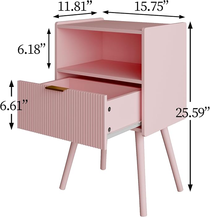 Veegle Nightstand,Modern Bedside Table with Storage Drawer and Open Wood Shelf, Accent Night Stand with Solid Wood Legs for Living Room, Bedroom and Small Spaces,Easy Assembly (Pink)
