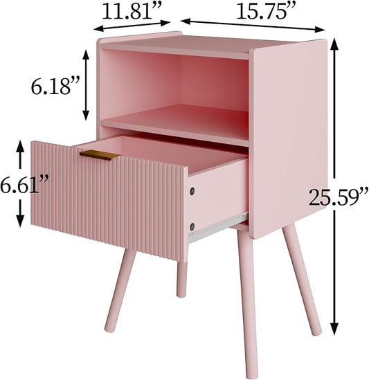 Veegle Nightstand,Modern Bedside Table with Storage Drawer and Open Wood Shelf, Accent Night Stand with Solid Wood Legs for Living Room, Bedroom and Small Spaces,Easy Assembly (Pink)