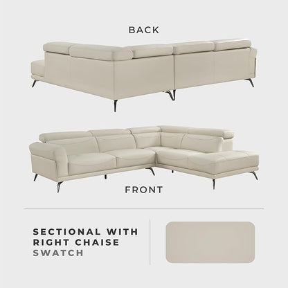 Lexicon L-Shaped Sectional Couch with Right Chaise, Top Grain Leather Match Sectional Sofa, Adjustable Headrests, Black Chrome Metal Legs, High-Density Cushions, Stitching, for Living Room, Beige